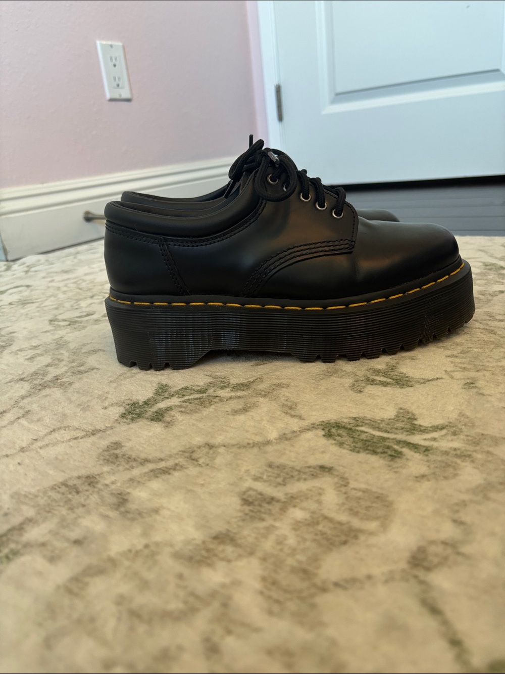 Dr. Martens Black Leather Platform Oxford with Yellow Stitching